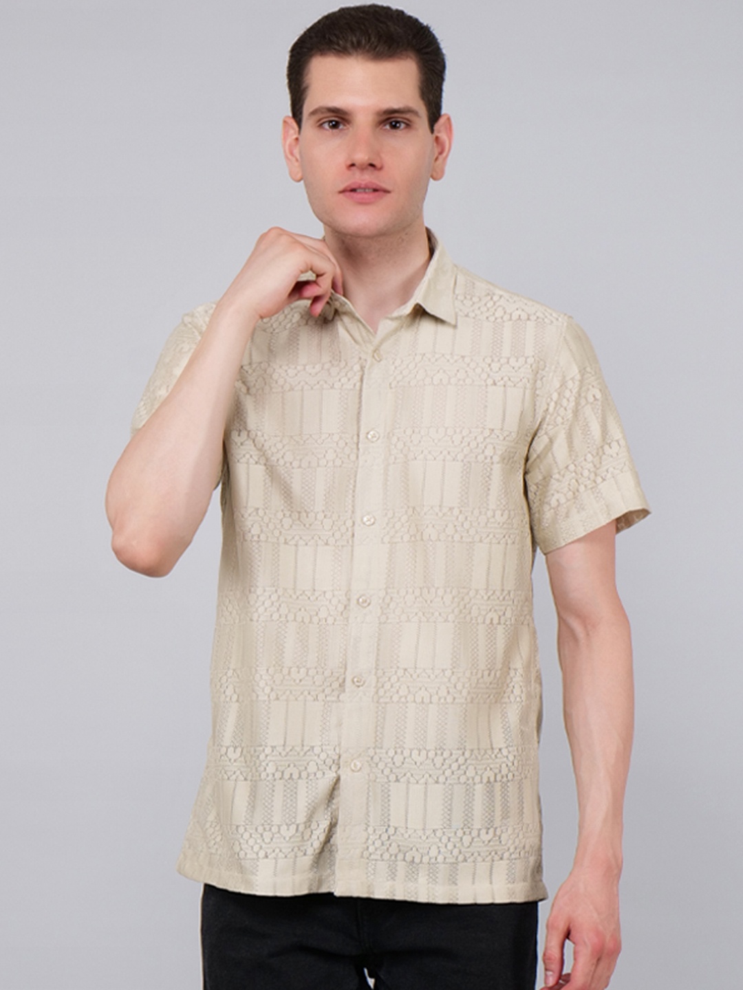 

4400BC Men Floral Opaque Printed Casual Shirt, Beige
