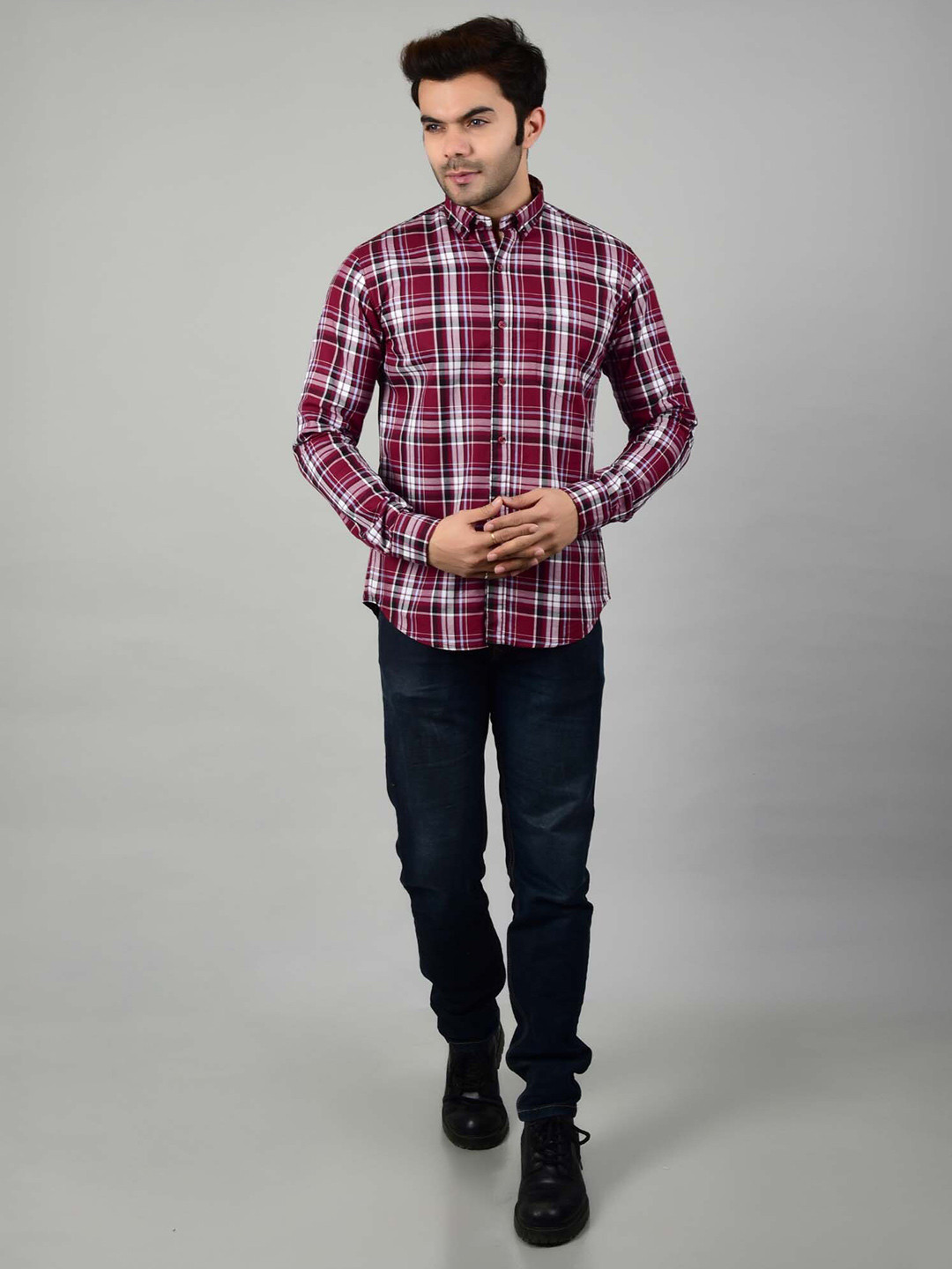 

4400BC Button Down Collar Long Sleeves Tartan Checks India Slim Regular Fit Cotton Shirt, Maroon