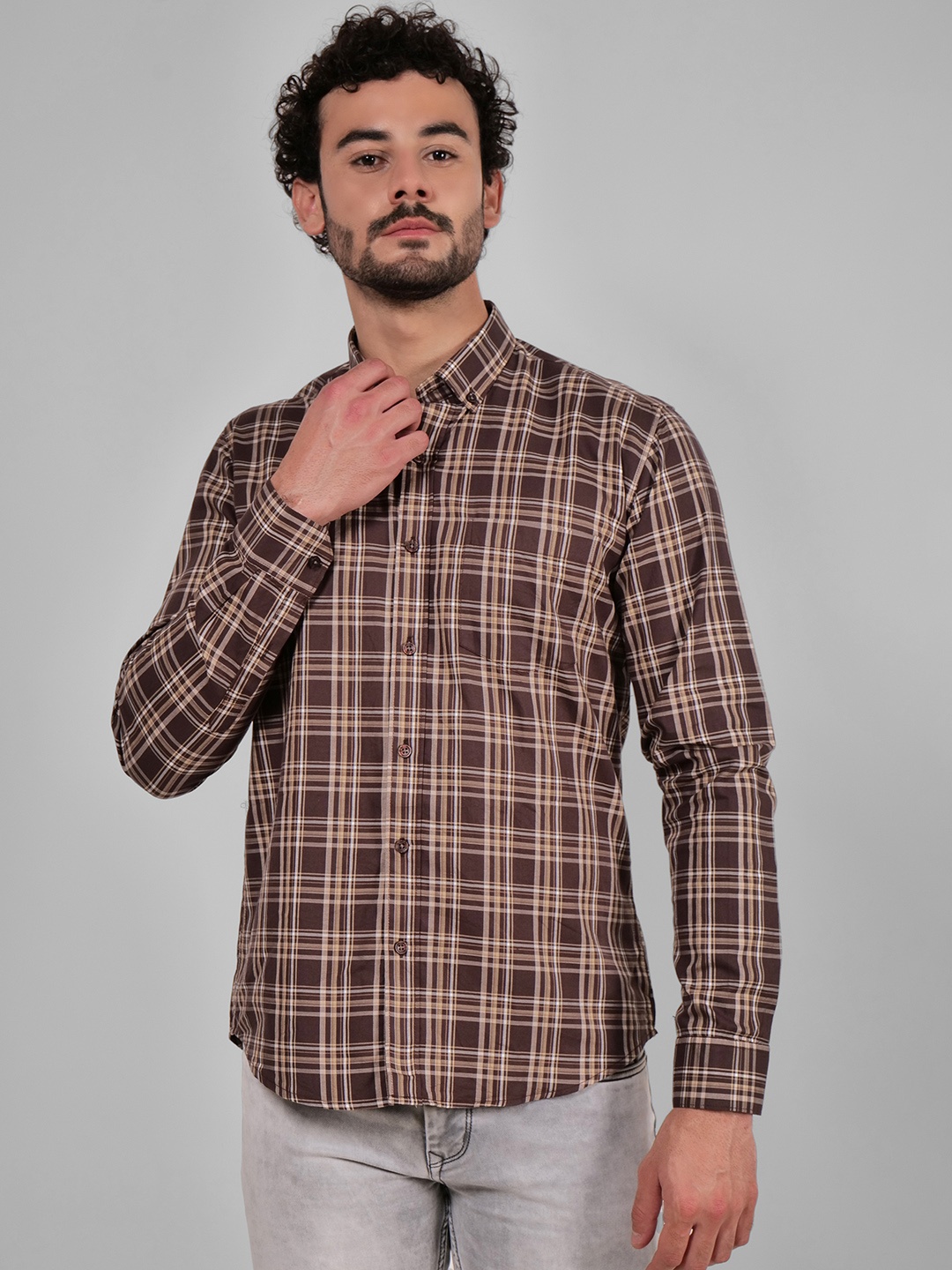 

4400BC Men Tartan Checks Opaque Checked Casual Shirt, Brown