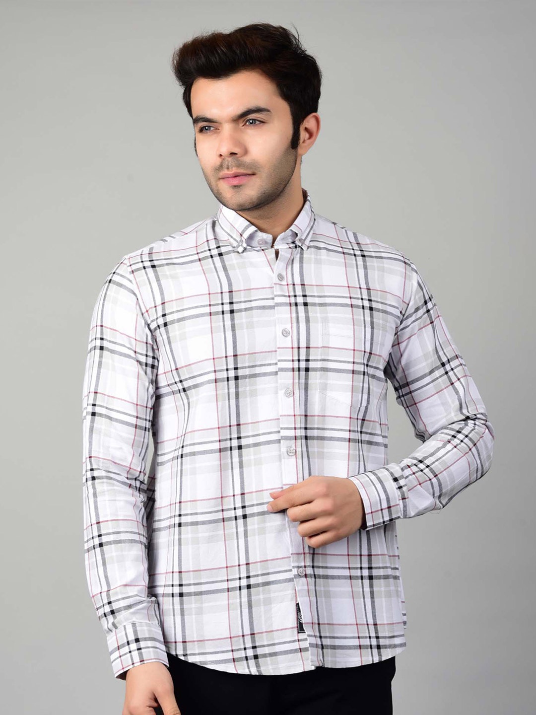 

4400BC Checked Button-Down Collar Pure Cotton Curved Casual Shirt, White