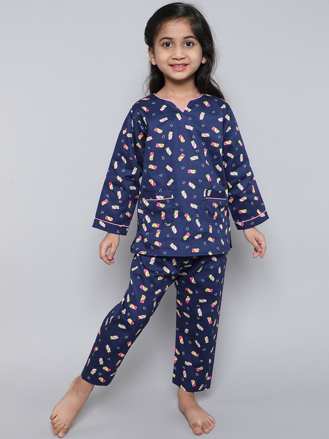 

BAESD Girls Conversational Printed Pure Cotton Top & Pyjamas, Navy blue