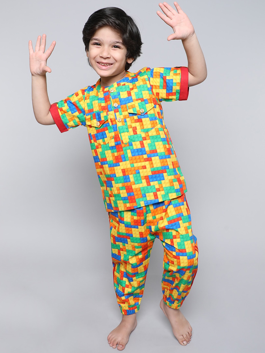 

BAESD Boys Geometric Printed Pure Cotton Top & Pyjamas, Yellow