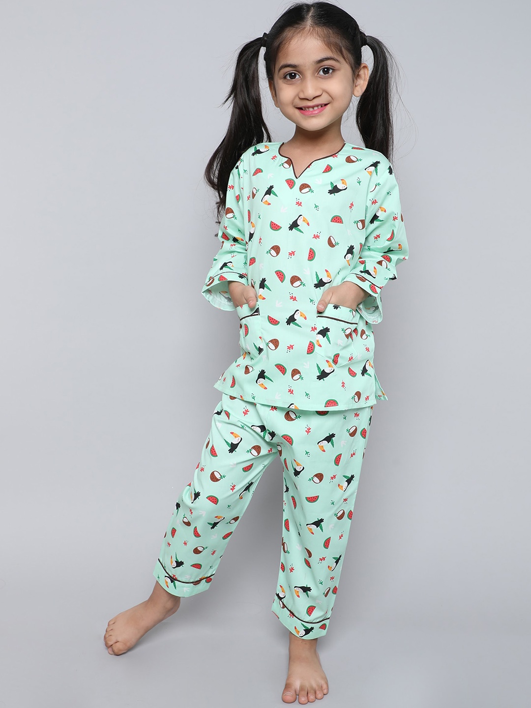 

BAESD Girls Printed Pure Cotton Top & Trousers Set, Green