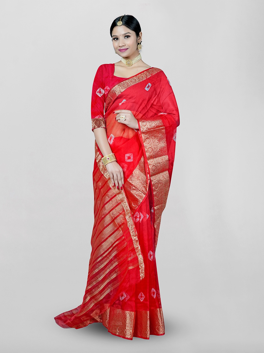 

KAJREE Bandhani Printed Zari Saree, Red