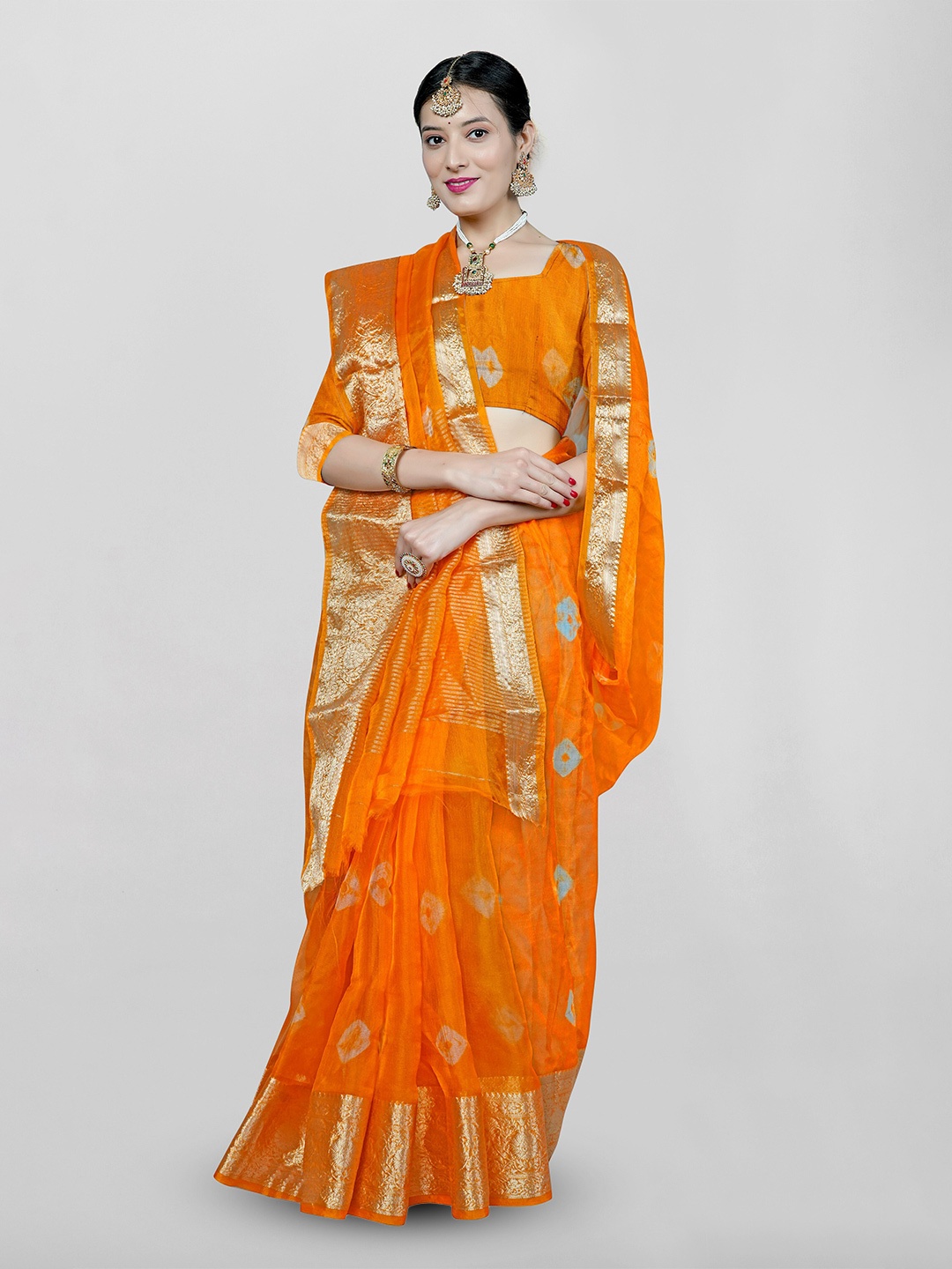 

KAJREE Bandhani Printed Zari Saree, Orange