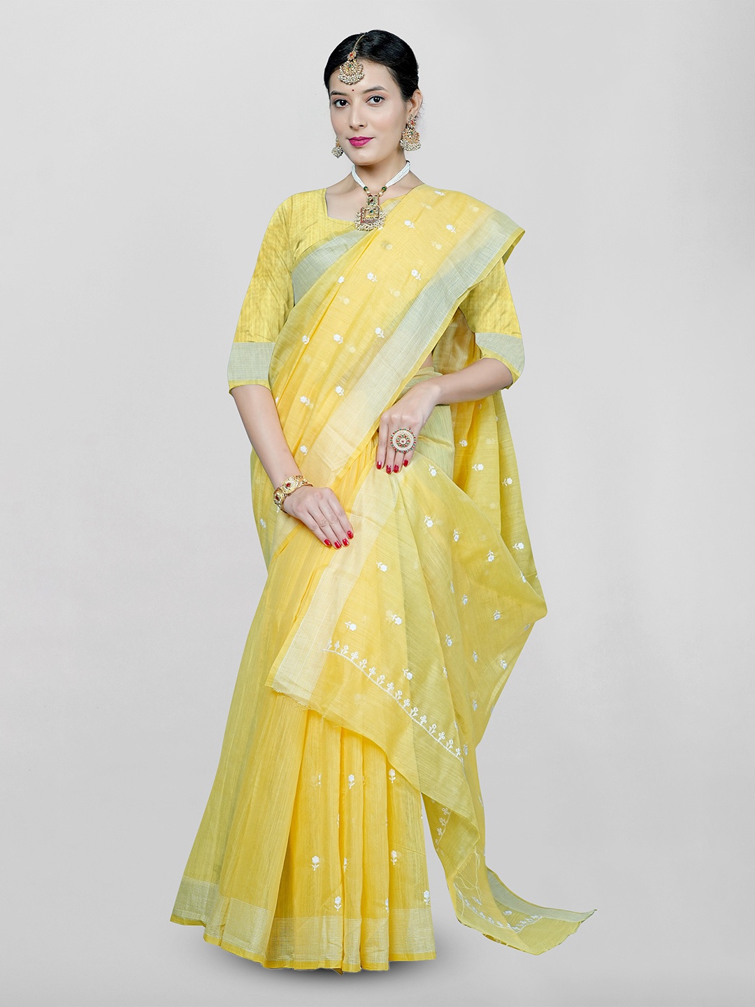 

KAJREE Floral Embroidered Pure Linen Bhagalpuri Saree, Yellow