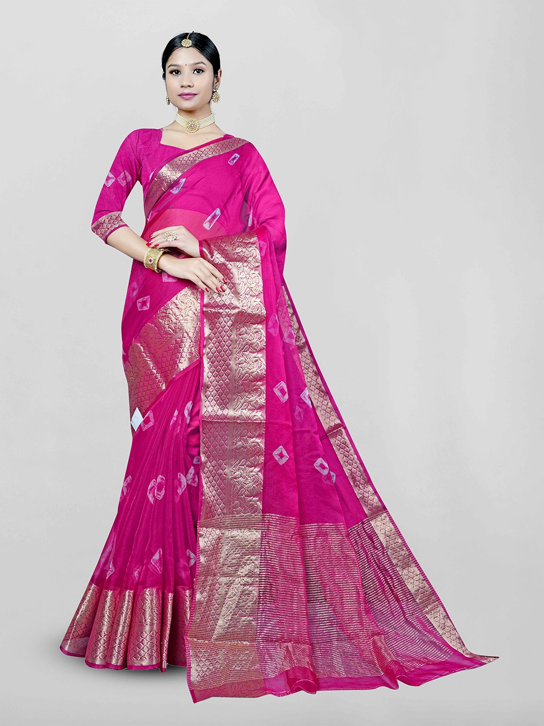 

KAJREE Bandhani Printed Khadi Zari Saree, Pink
