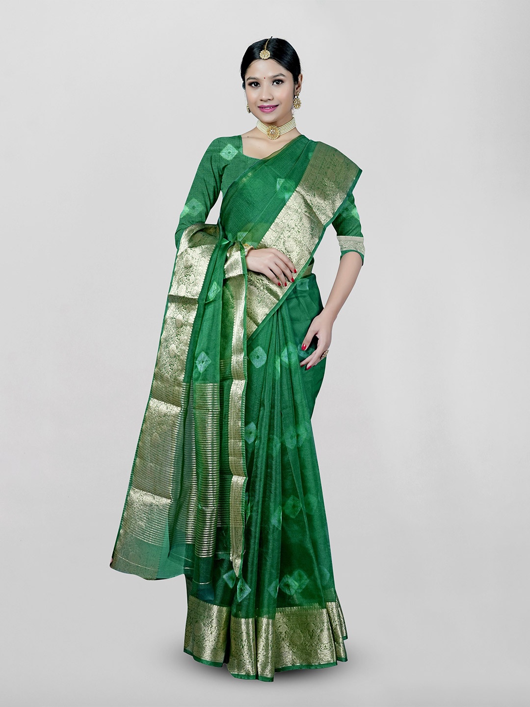 

KAJREE Bandhani Printed Zari Khadi Saree, Green