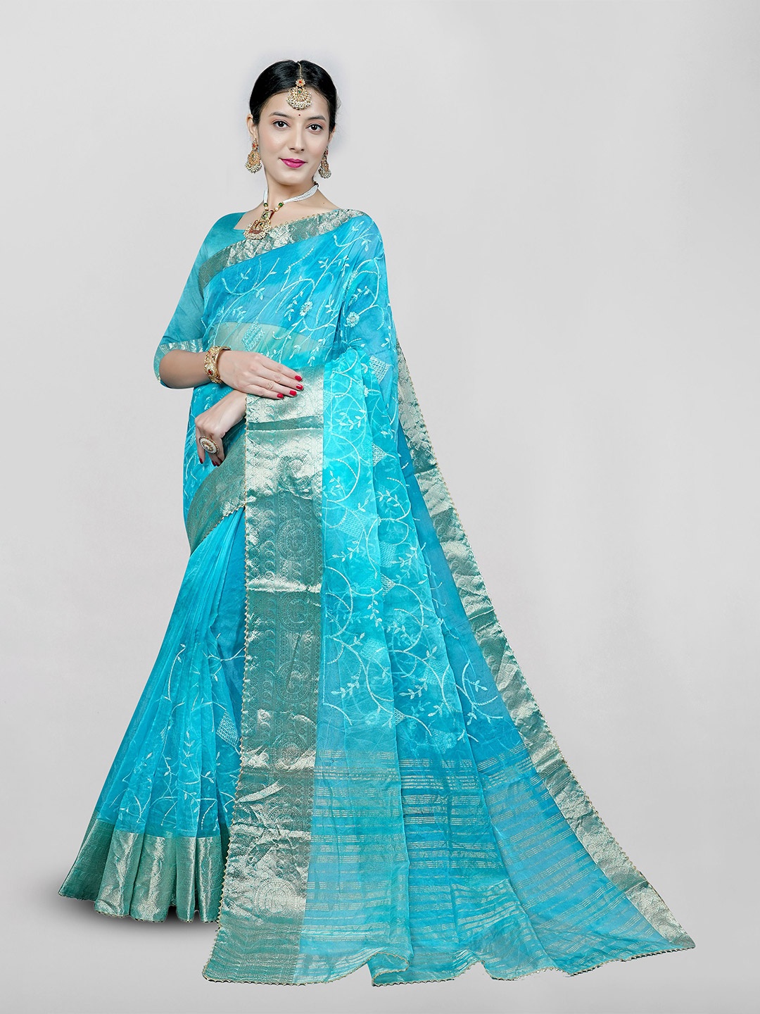 

KAJREE Floral Embroidered Organza Jamdani Saree, Turquoise blue