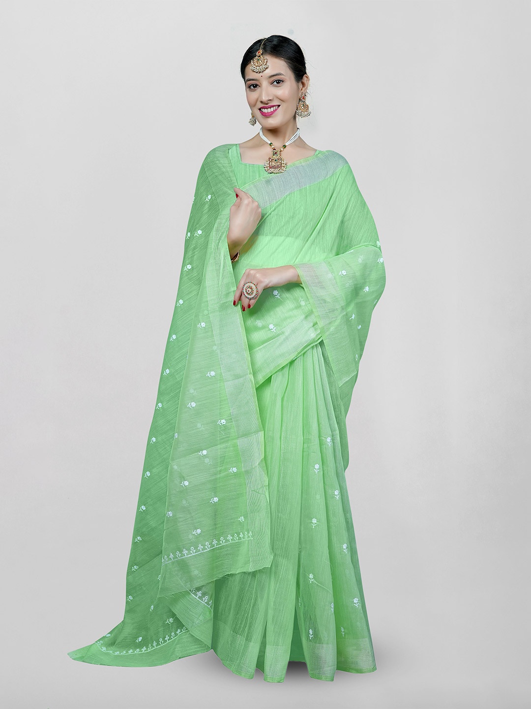 

KAJREE Floral Embroidered Pure Linen Bhagalpuri Saree, Green