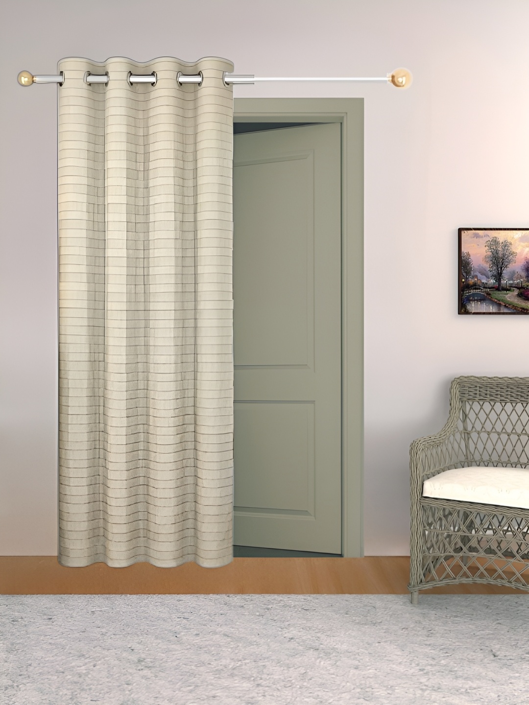 

THE CONVERSION Cream-Coloured Striped Room Darkening Long Door Curtain