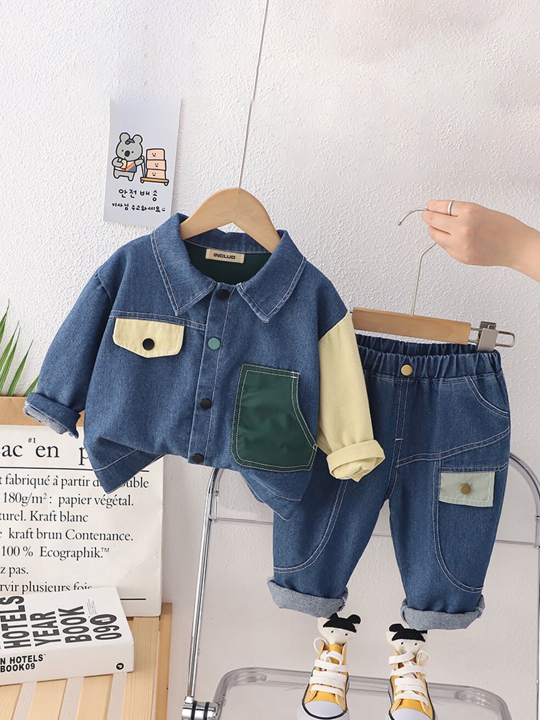 

INCLUD Boys Denim Colourblocked Shirt with Trousers, Blue
