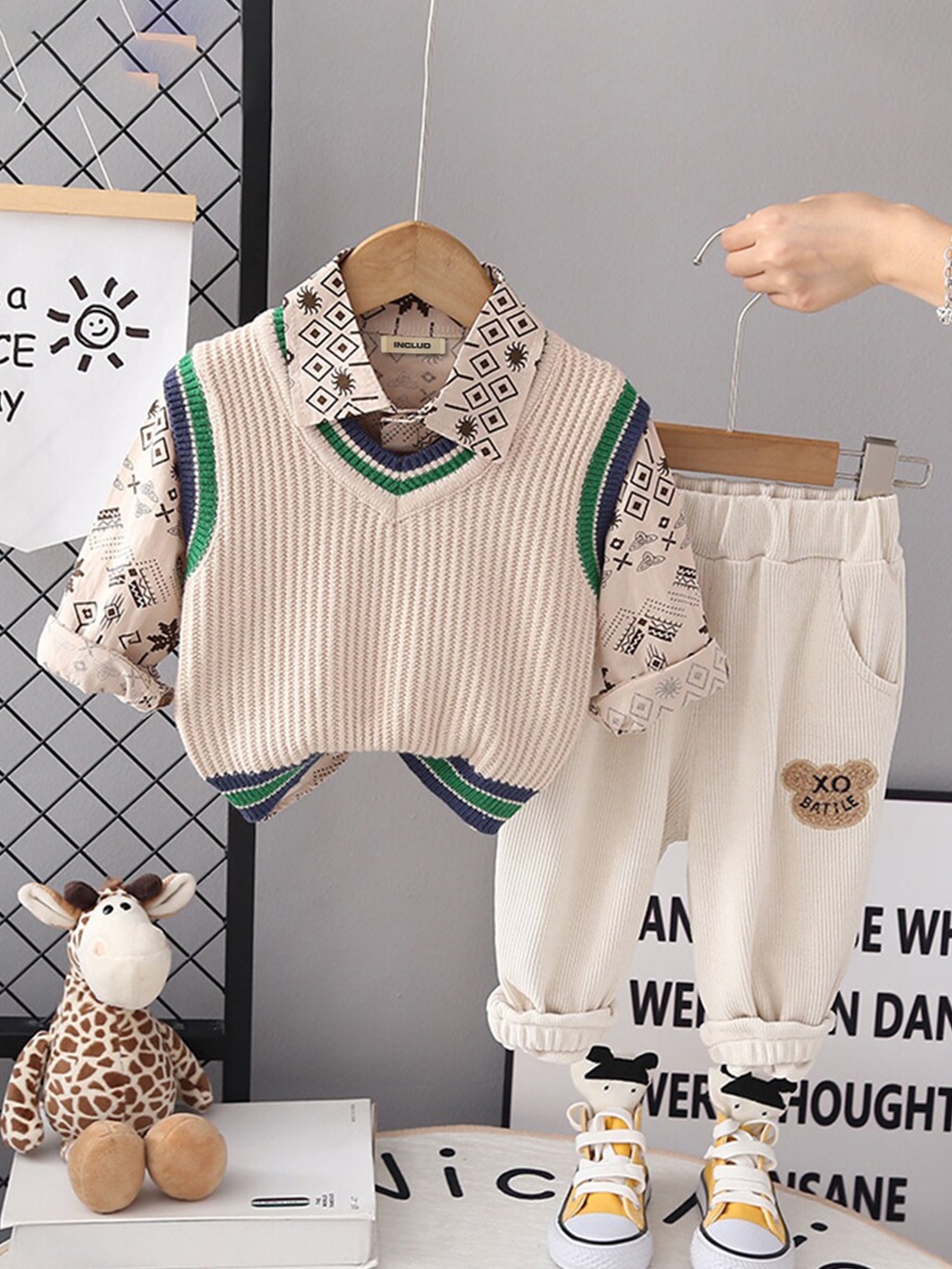 

INCLUD Boys Striped T-shirt and Shirt with Trousers, Green