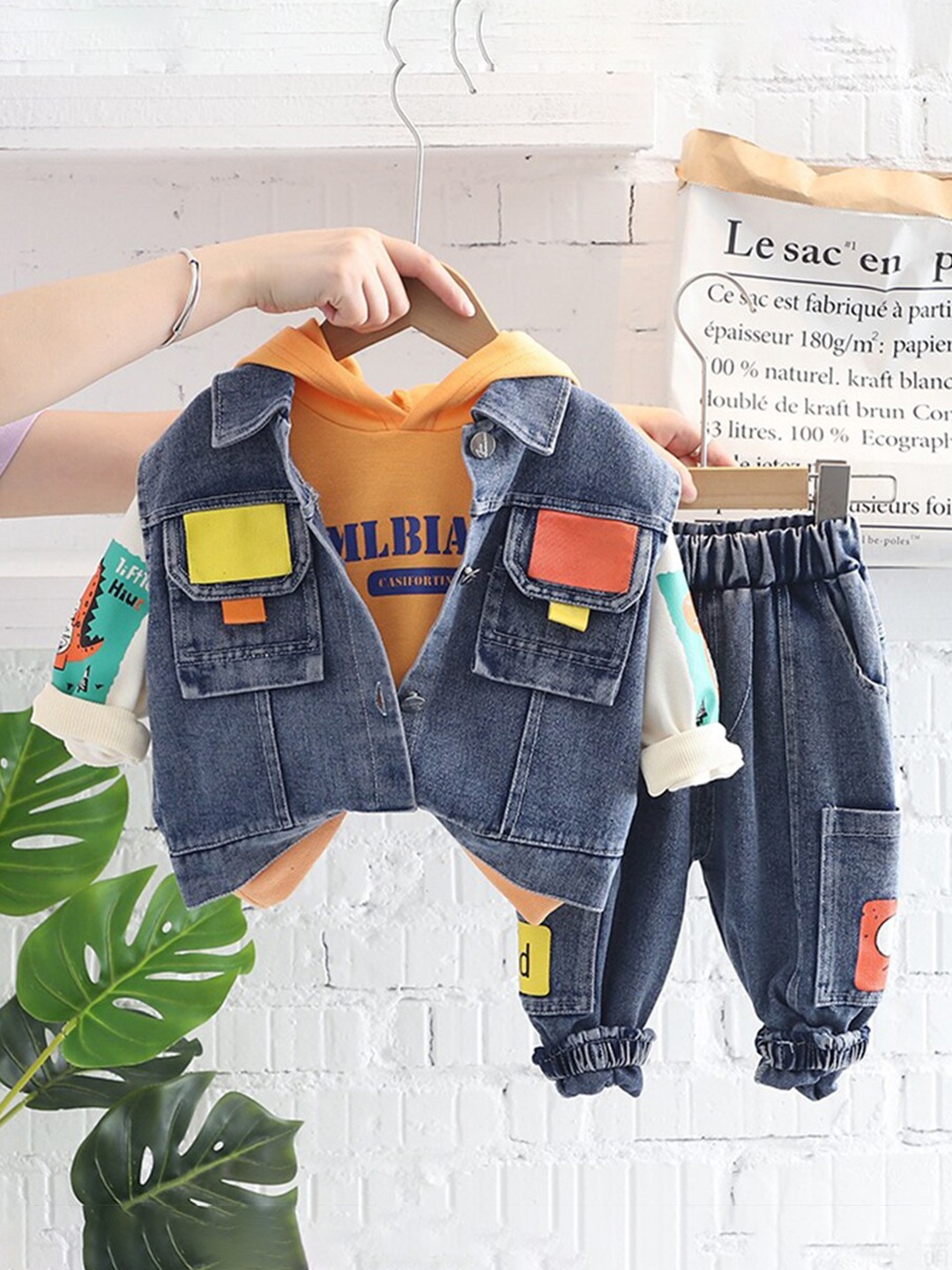 

INCLUD Boys Printed Sweatshirt with Denim Jacket & Jeans, Blue