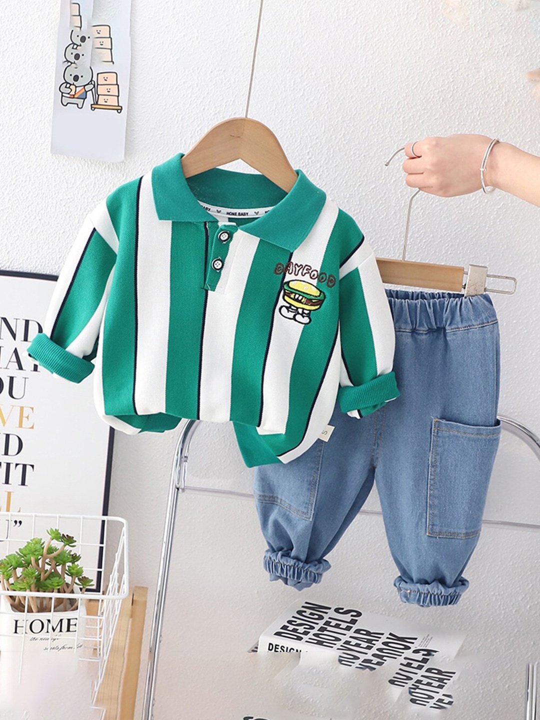 

INCLUD Boys Striped Cotton T-shirt with Trousers, Green