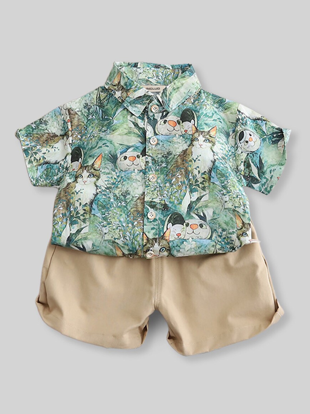 

INCLUD Boys Printed Cotton Shirt with Shorts, Green