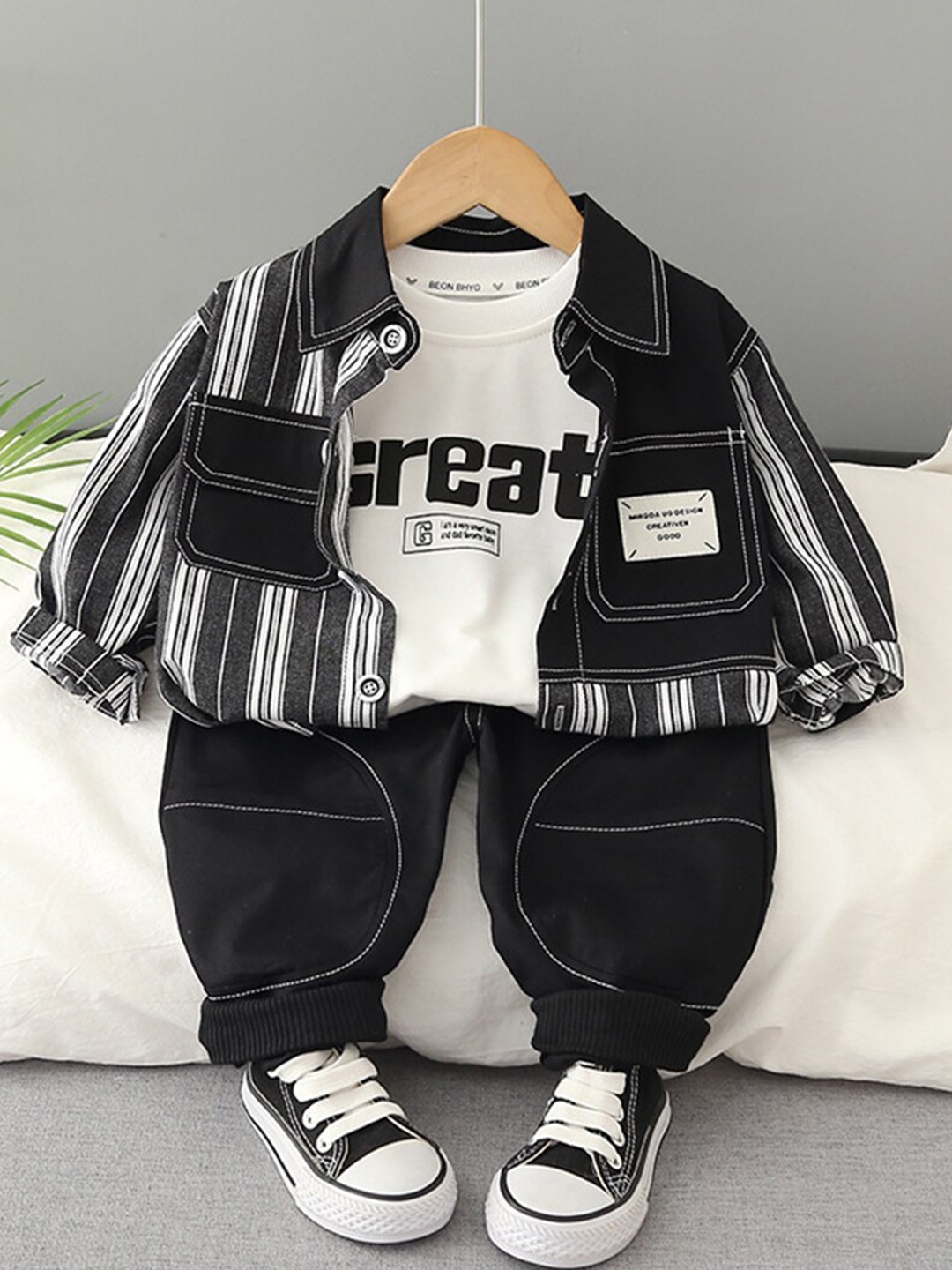 

INCLUD Boys Striped Jacket with T-shirt & Trousers Set, Black