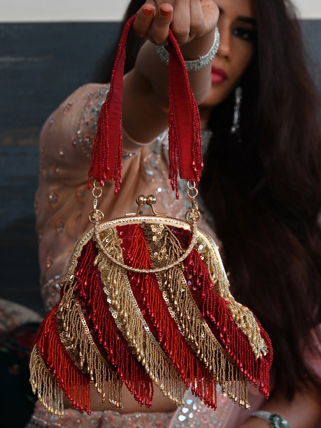 

ODETTE Embellished Potli Clutch, Red