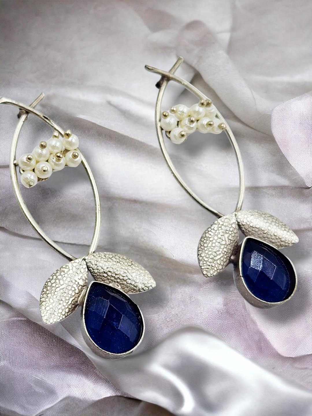 

Sangria Oxidised Silver Plated Stone Studded & Beaded Drop Earrings