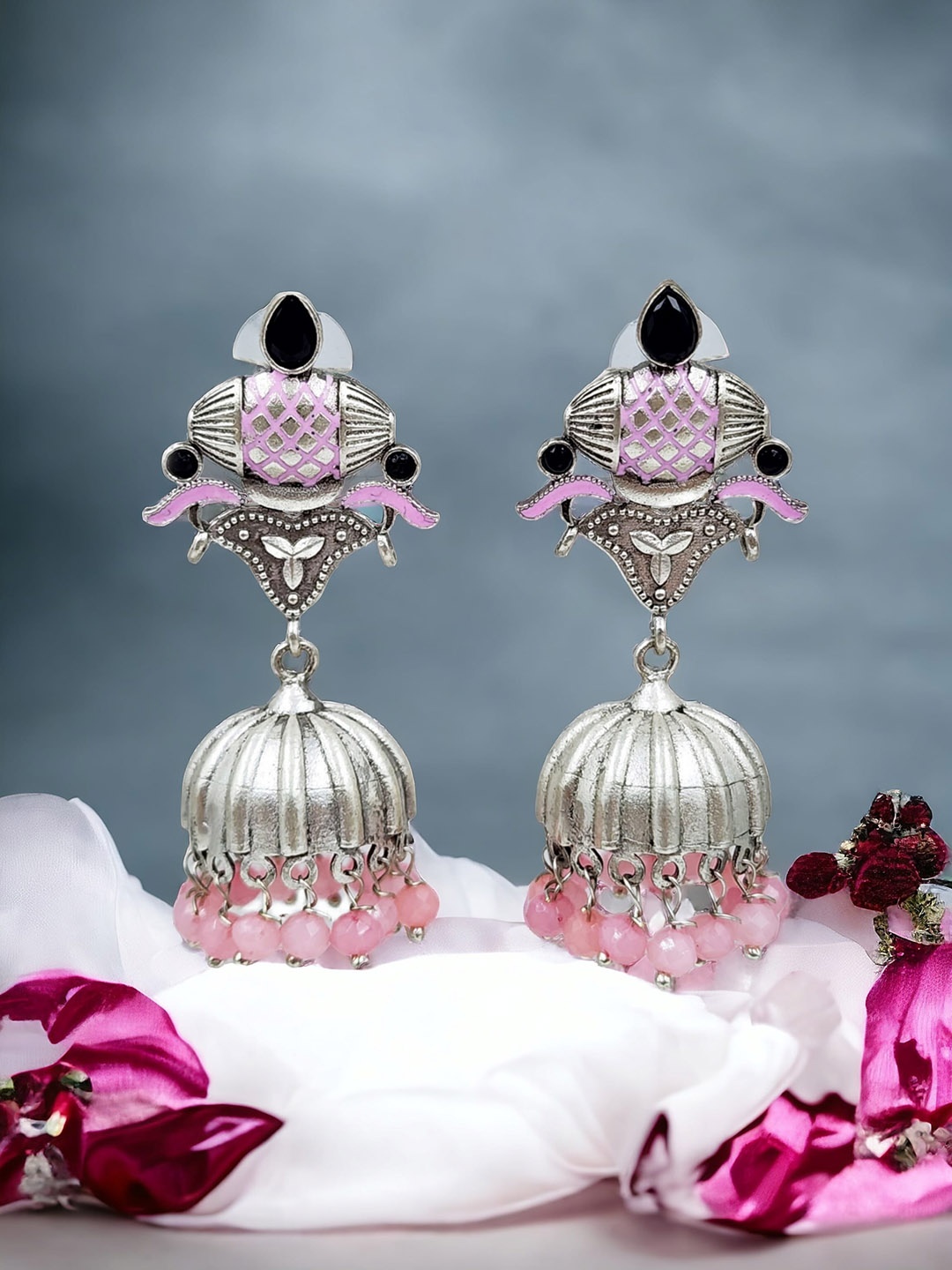 

Sangria Oxidised Silver Plated Stones-Studded & Beaded Dome Shaped Jhumkas