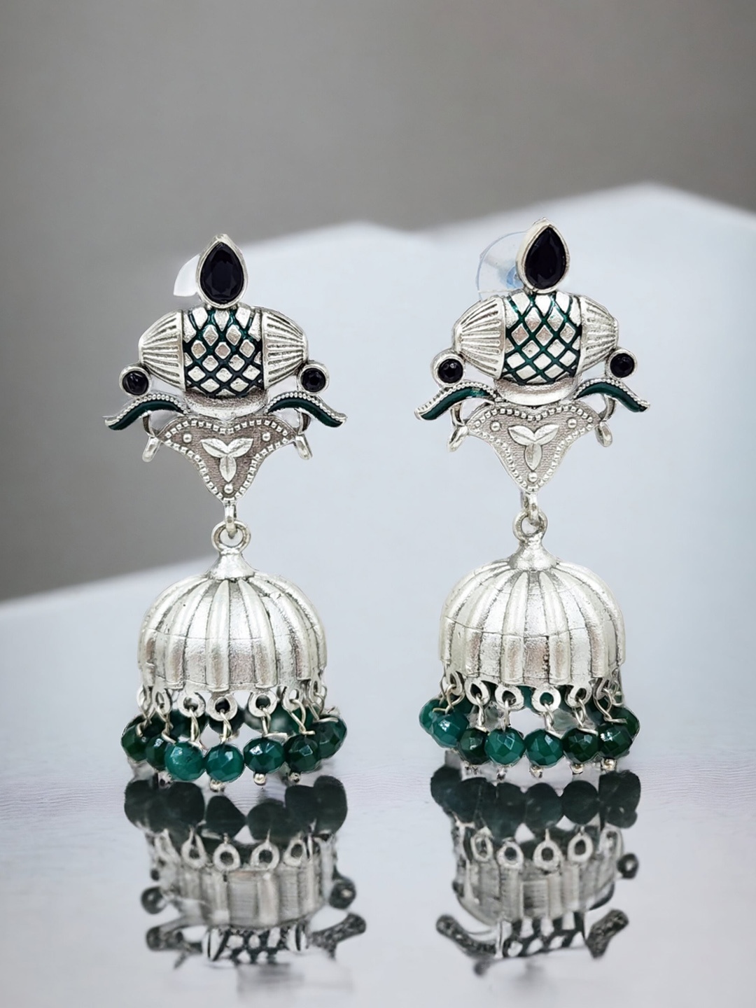 

Sangria Oxidised Silver Plated Stones-Studded & Beaded Dome Shaped Jhumkas