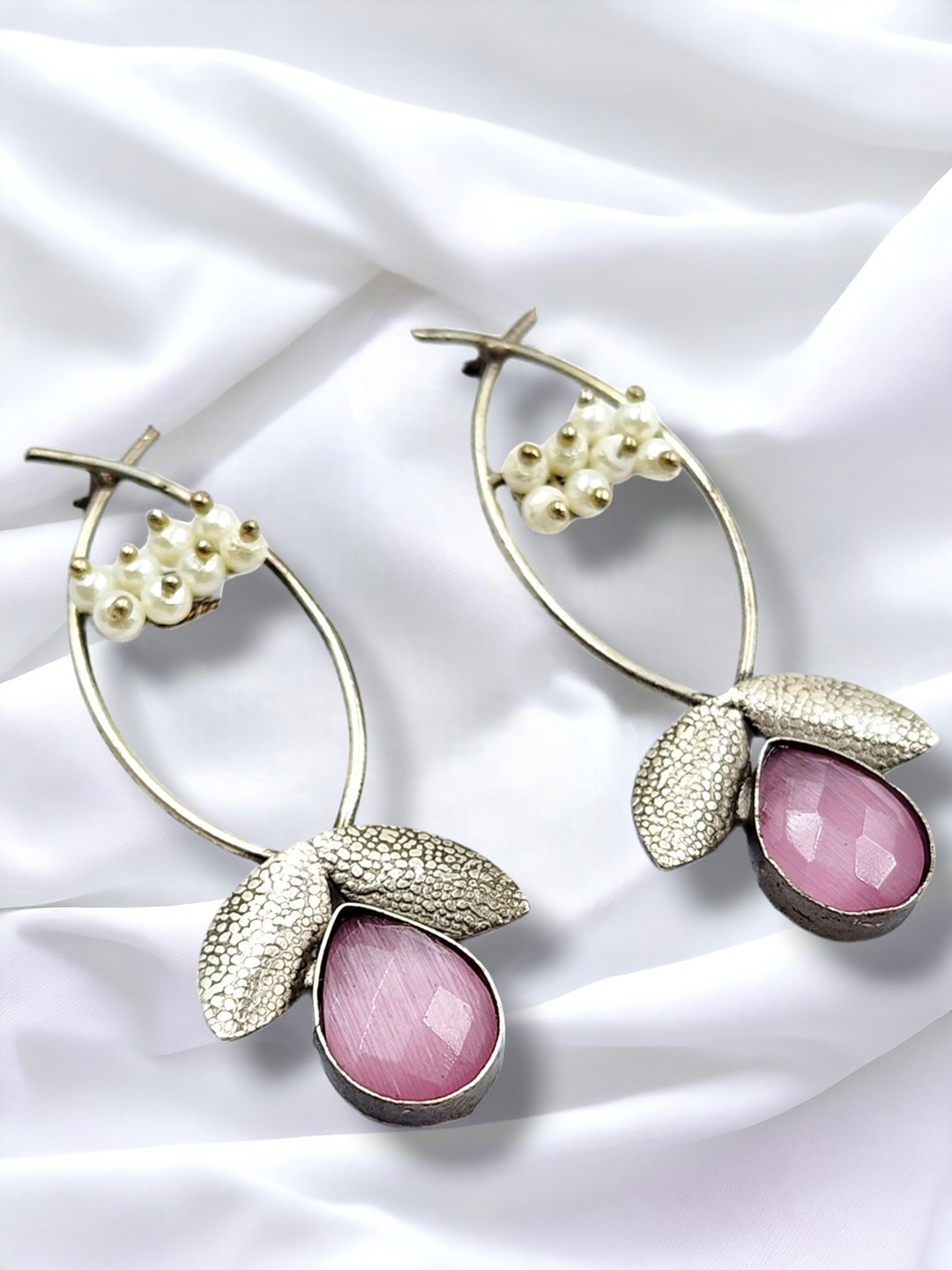

Sangria Oxidised Silver Plated Stone Studded & Beaded Drop Earrings