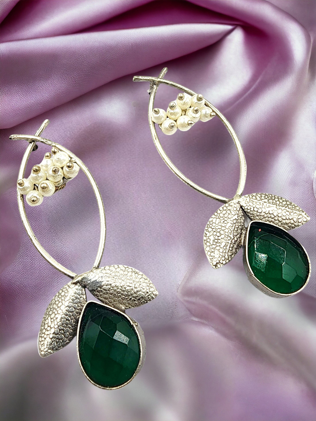 

Sangria Oxidised Silver Plated Stone Studded & Beaded Drop Earrings