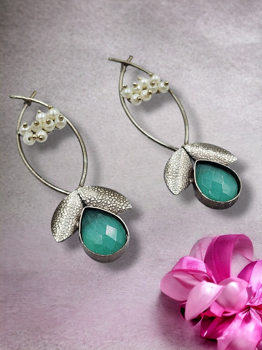 

Sangria Oxidised Silver Plated Stone Studded & Beaded Drop Earrings
