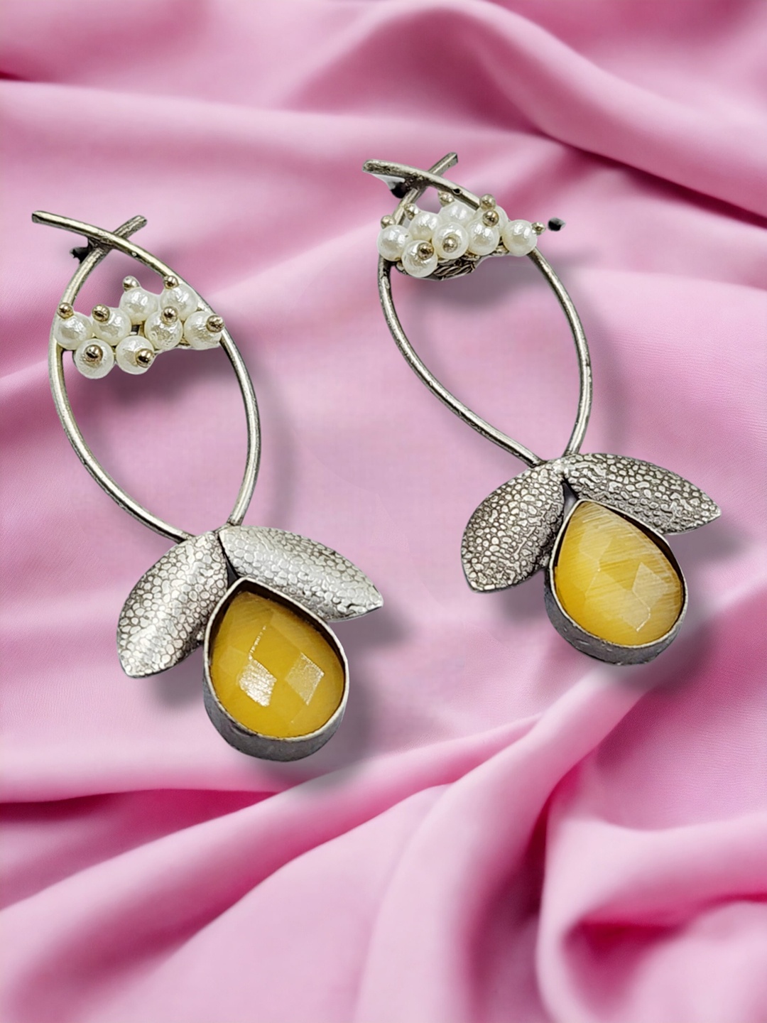 

Sangria Oxidised Silver Plated Stone Studded & Beaded Drop Earrings