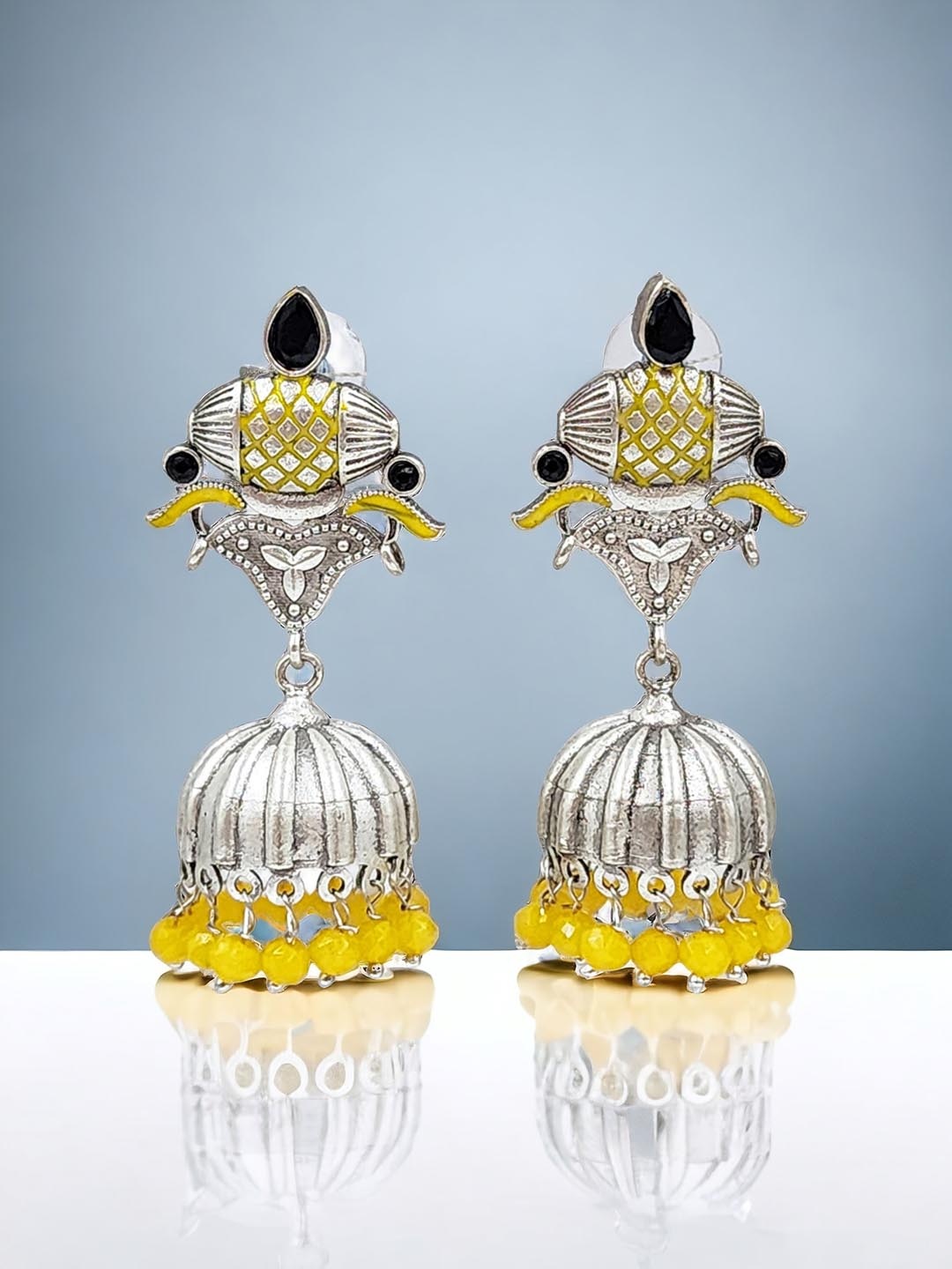 

Sangria Oxidised Silver Plated Stones-Studded & Beaded Dome Shaped Jhumkas
