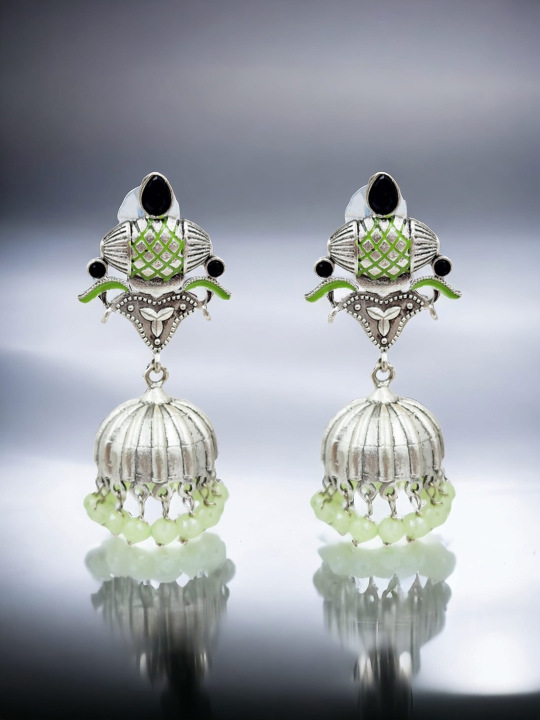 

Sangria Oxidised Silver Plated Stones-Studded & Beaded Dome Shaped Jhumkas