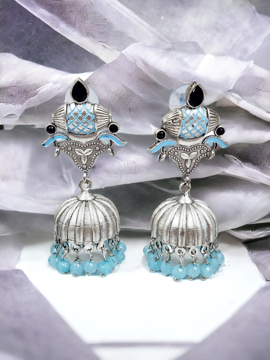 

Sangria Oxidised Silver Plated Stones-Studded & Beaded Dome Shaped Jhumkas