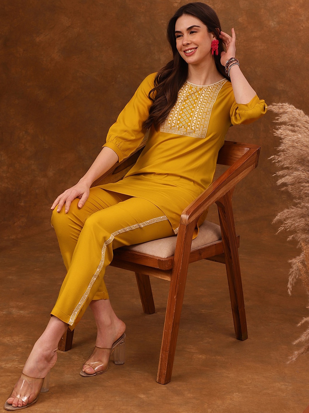 

Anouk Yellow Embroidered Tunic & Trousers Co-Ords