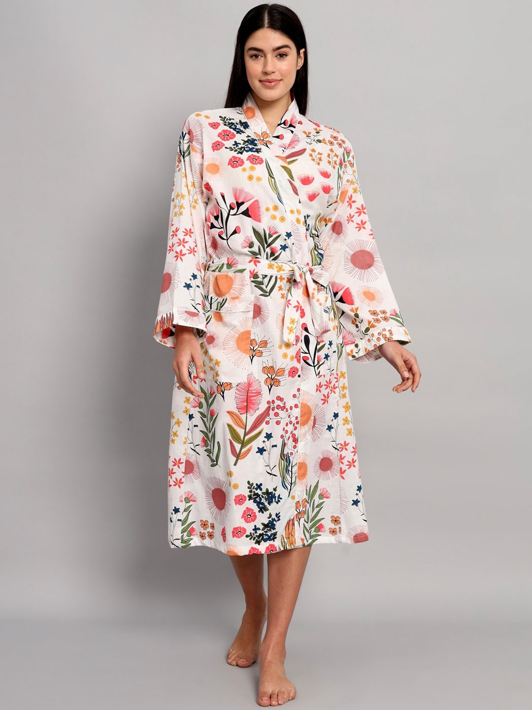 

HANDICRAFT PALACE Floral Printed Pure Cotton Robe with Belt, White