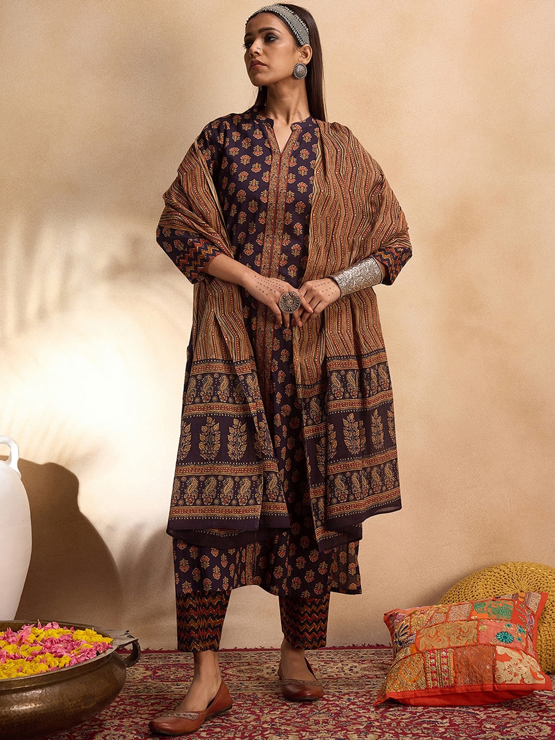

Indo Era Floral Printed Pure Cotton Straight Kurta with Trousers & Dupatta, Blue