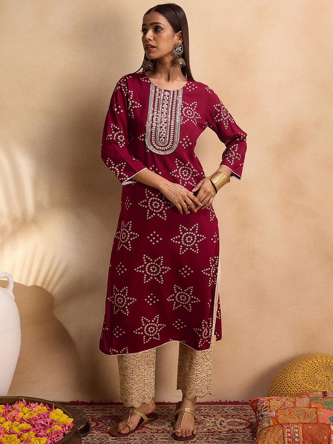 

Indo Era Floral Printed Embroidered Bandhani Prints Straight Kurta, Maroon