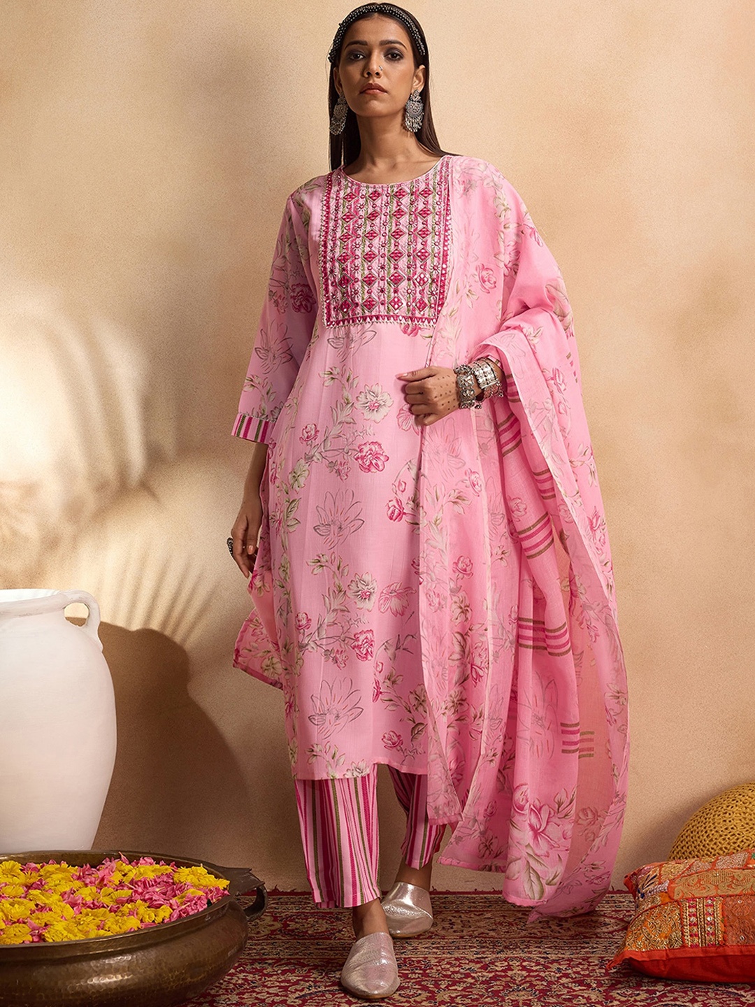 

Indo Era Floral Printed Mirror Work Straight Pure Cotton Kurta with Trousers & Dupatta, Peach