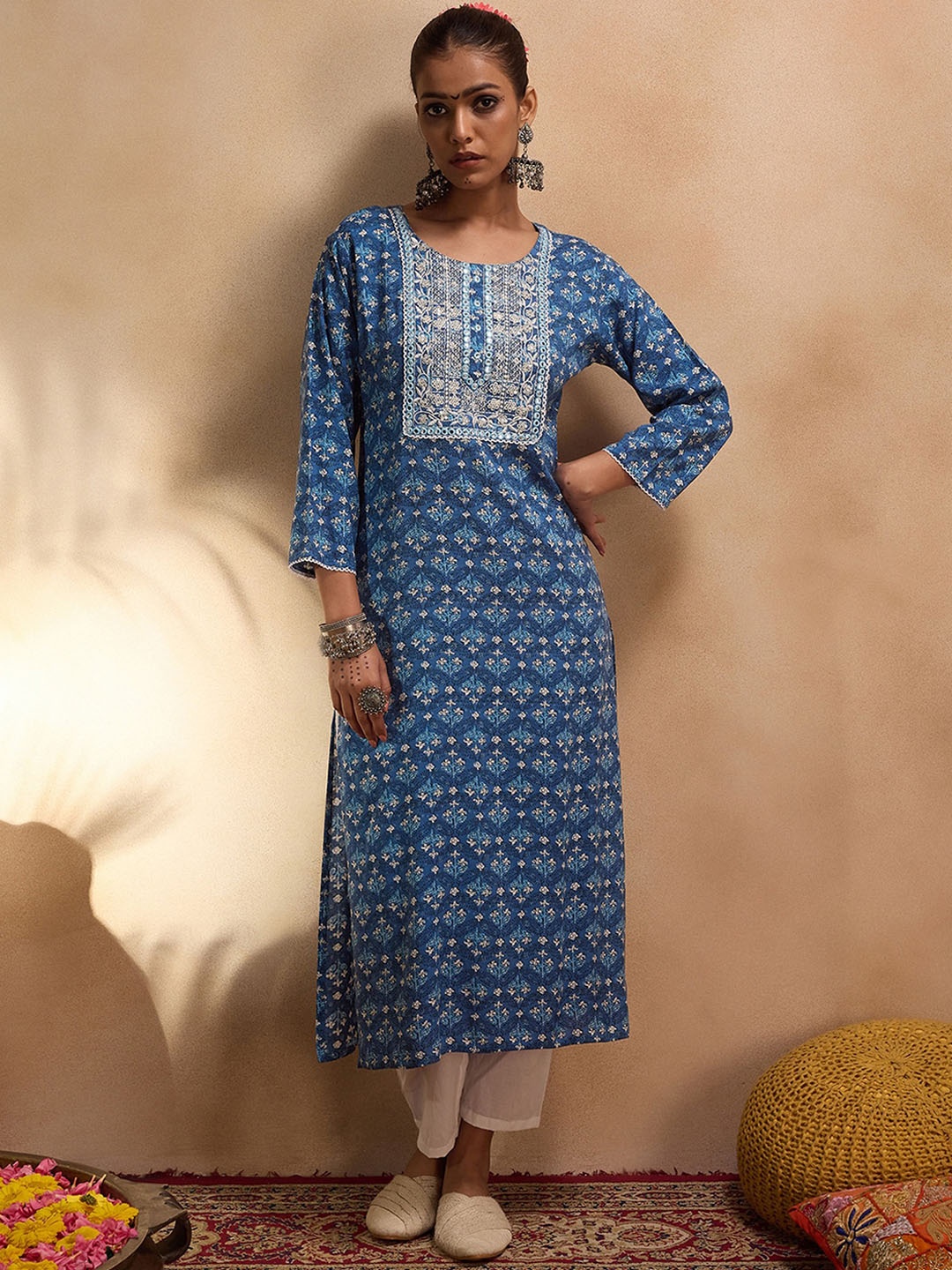 

Indo Era Ethnic Motifs Printed Embroidered Mirror Work Floral Kurta, Blue