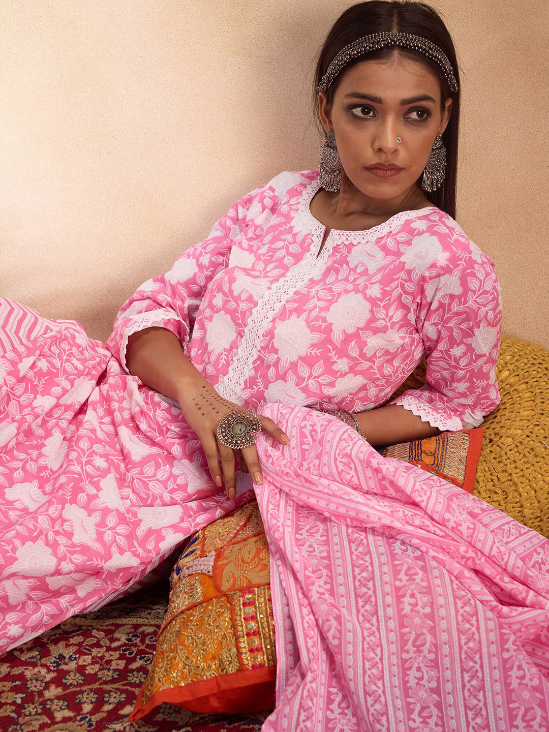 

Indo Era Women Floral Printed Pure Cotton Straight Kurta with Trousers & Dupatta, Pink