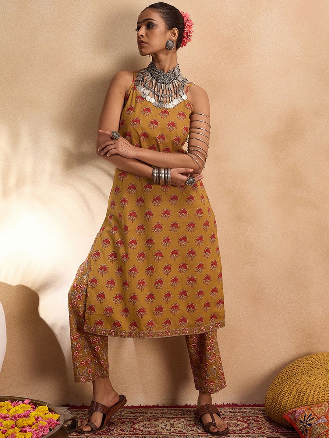 

Indo Era Floral Printed Pure Cotton Straight Kurta with Trousers, Mustard