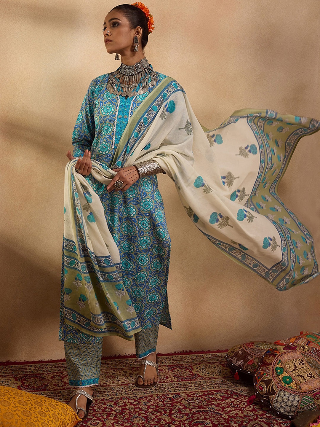 

Indo Era Floral Printed Pure Cotton Straight Kurta with Trousers & Dupatta, Blue