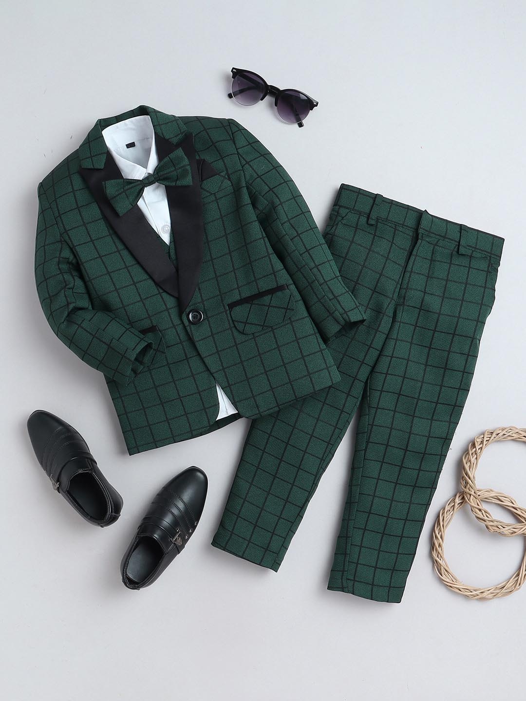 

Jeetethnics Infant Boys Checked 4 Piece Tuxedo Party Suits, Green