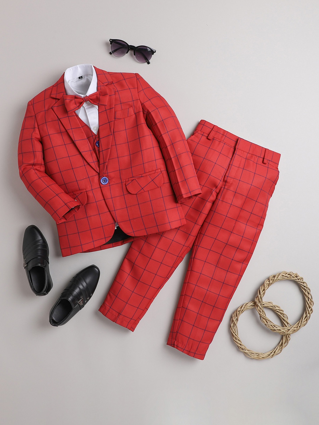 

Jeetethnics Infant Boys Checked Single-Breasted 4 Piece Party Suits, Red