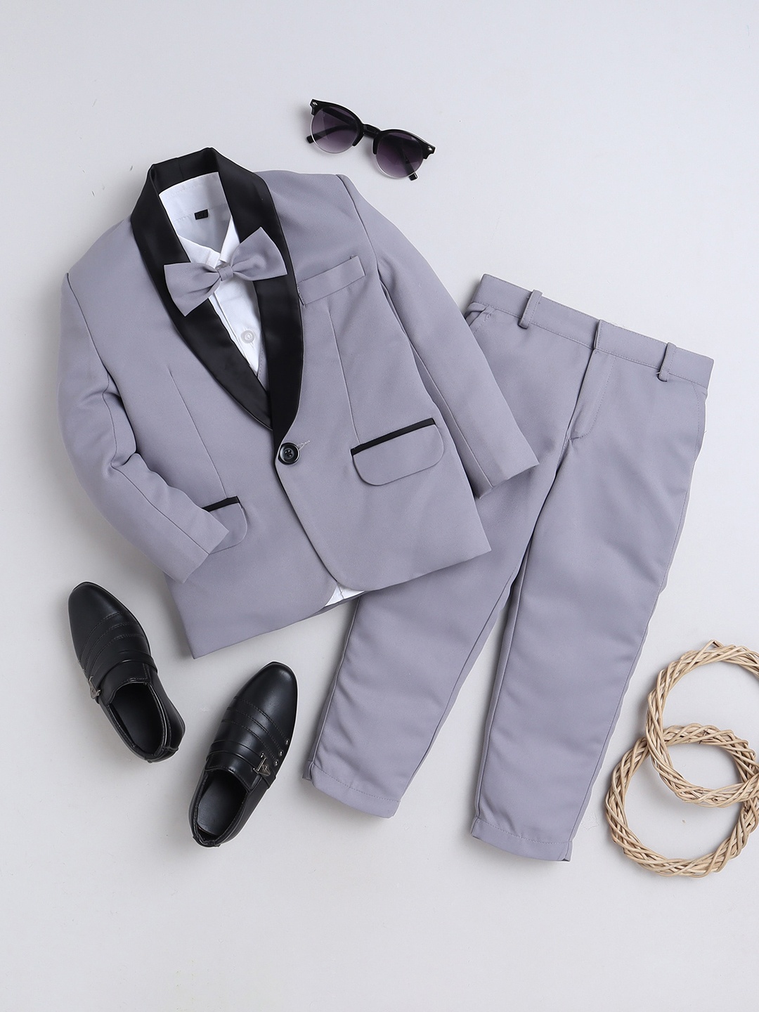 

Jeetethnics Boys Shawl Collar Silk Cotton Tuxedo 3 Piece Suit, Grey
