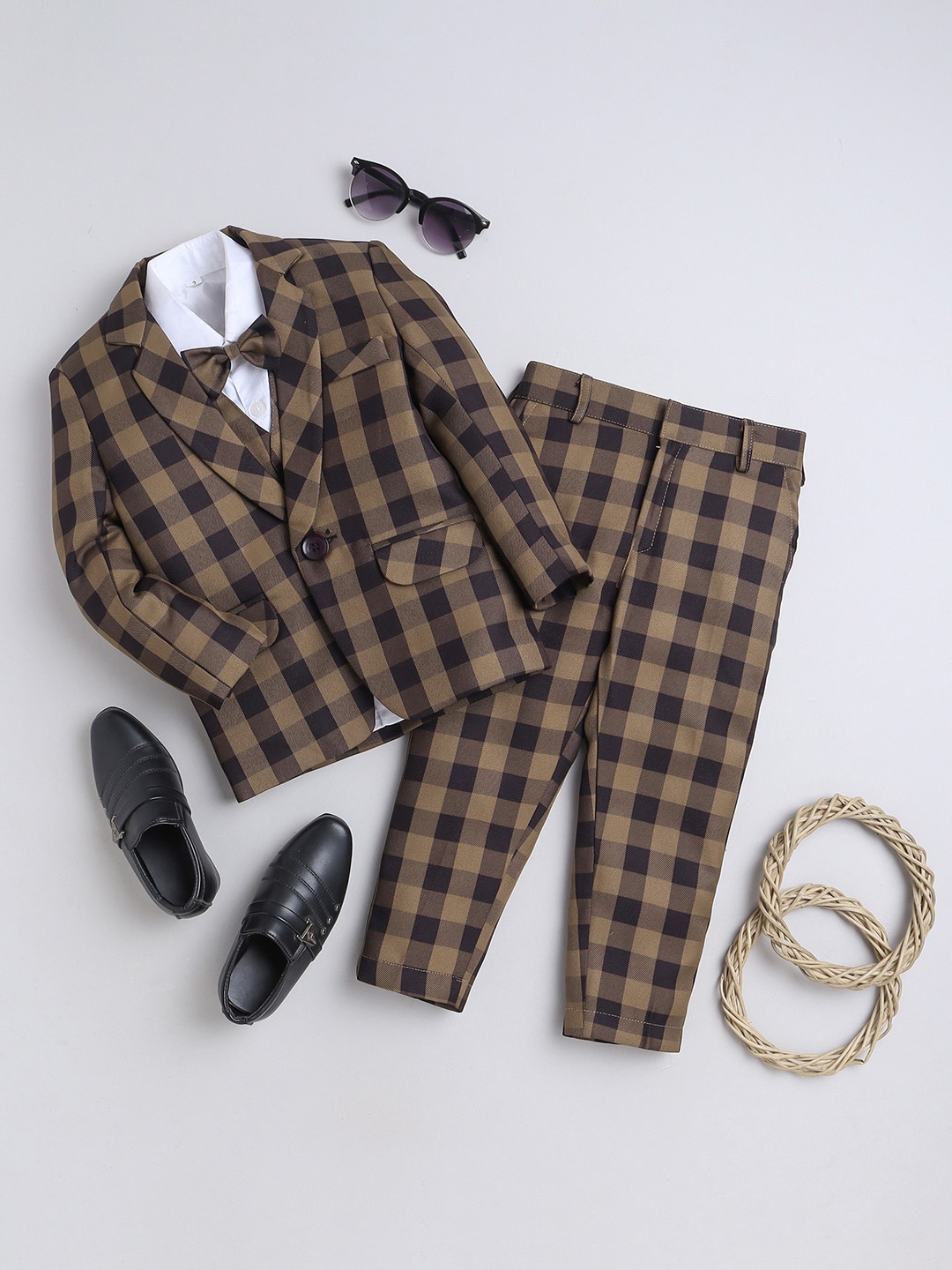 

Jeetethnics Infant Boys Checked 4 Piece Single-Breasted Party Suits, Gold