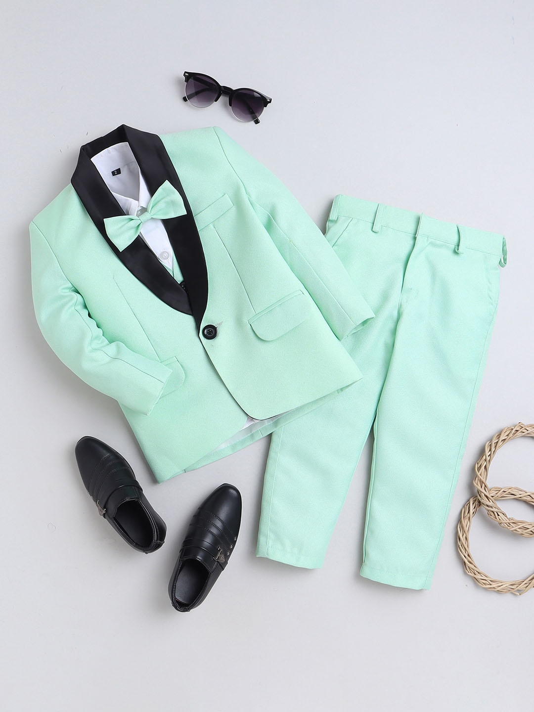 

Jeetethnics Boys Shawl Collar Silk Cotton Tuxedo 3 Piece Suit, Sea green