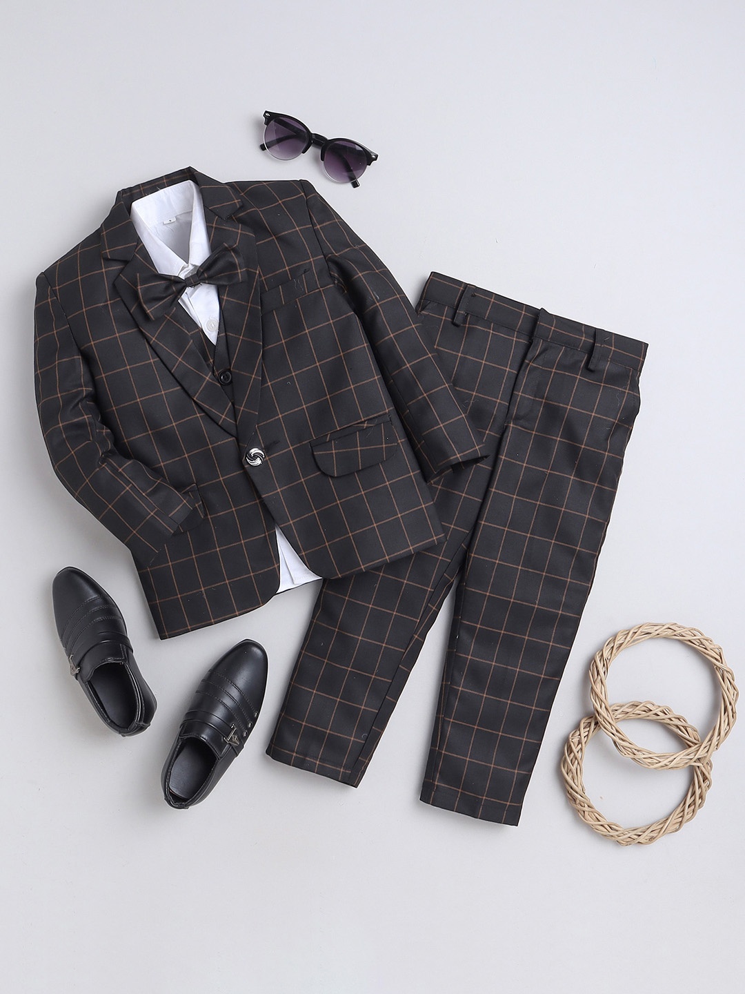 

Jeetethnics Boys Checked Notched Lapel Single-Breasted 4 Piece Suits, Black