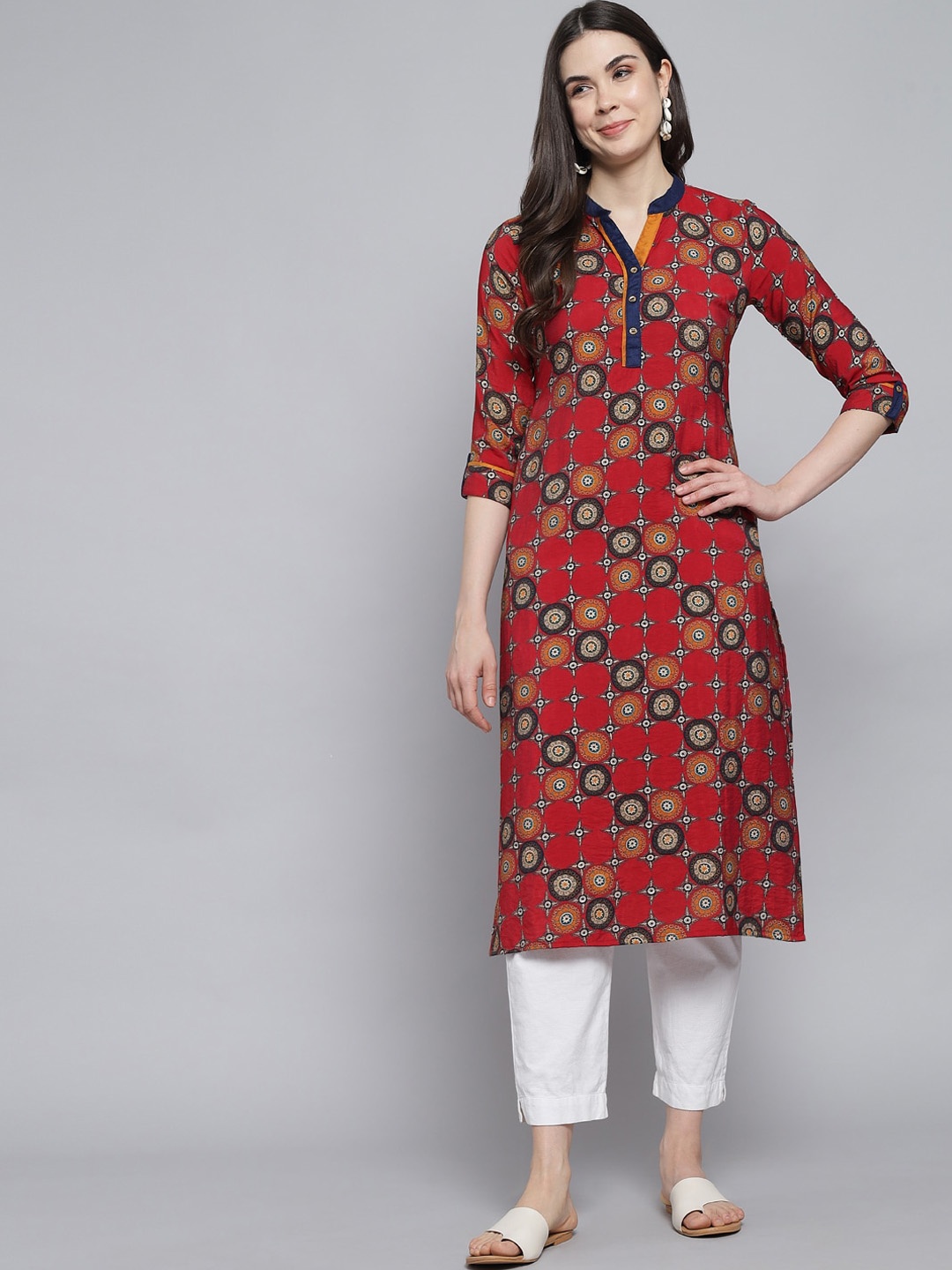 

RANGMAYEE Floral Printed Mandarin Collar Three-Quarter Sleeves Liva Kurta, Red