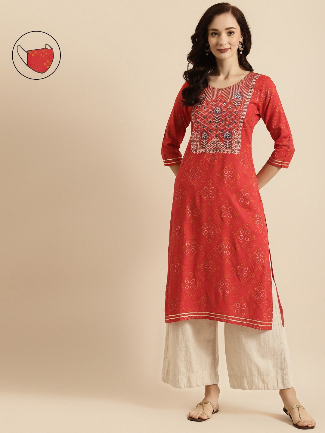 RANGMAYEE Ethnic Motifs Printed Mirror Work Liva Round Neck Straight Kurta, Red