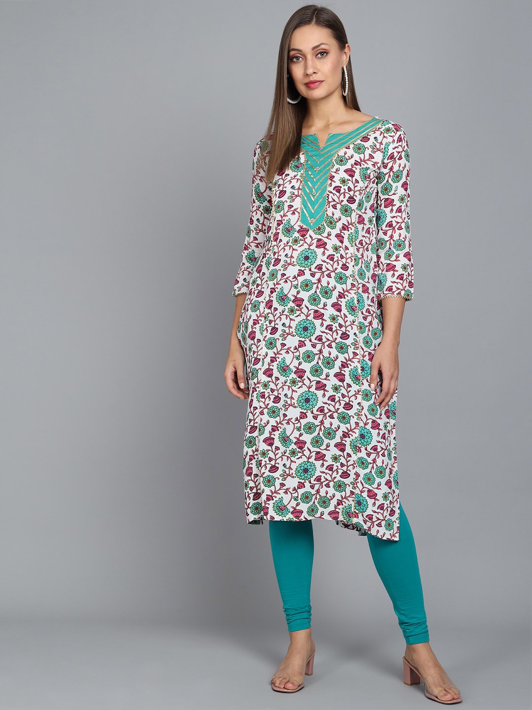

RANGMAYEE Geometric Printed Sequinned Liva Notched Neck Straight Kurta, White
